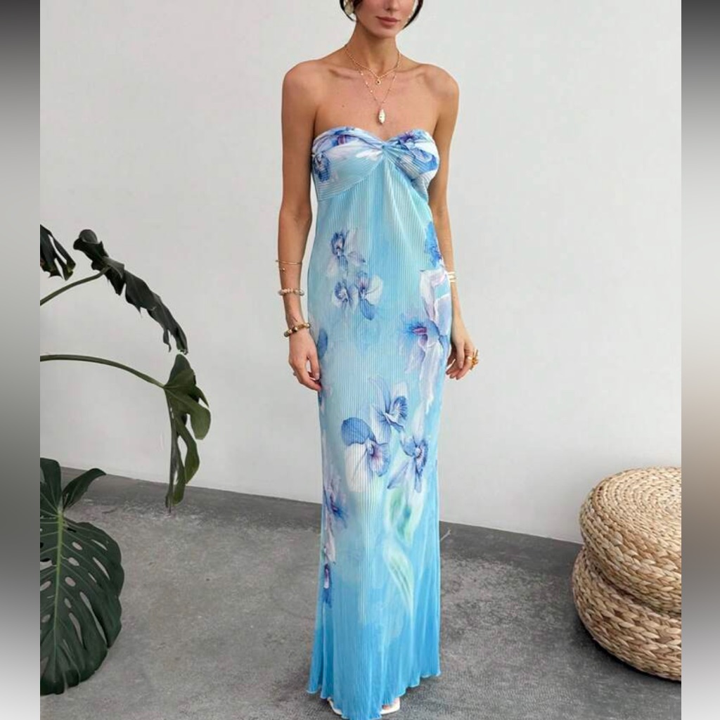 Floral Strapless Blue Dress